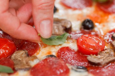 Makro manzaralı mozzarella, salam, mantar ve domates soslu taze pizza.