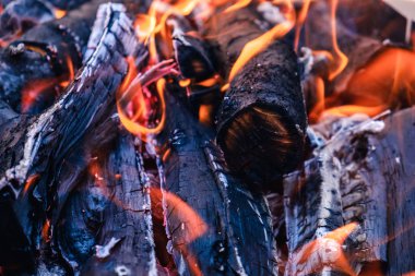 Parlak sıcak kömürleri ve Barbekü ızgara çukur yanan ormanda. Parlayan ve yanan kömür, Barbekü, kırmızı ateş ve kül. Hafta sonu eğlence arka plan. Yakın çekim, üstten görünüm.