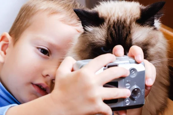 Kamera Katt Selfie Foto Glada Barn Söt Djur — Stockfoto