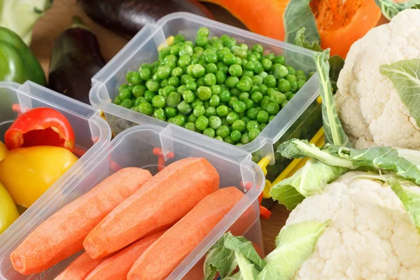 Tace Surowymi Warzywami Zamrożenia Zapasy Zimowego Przechowywania Plastikowych Pojemnikach — Zdjęcie stockowe