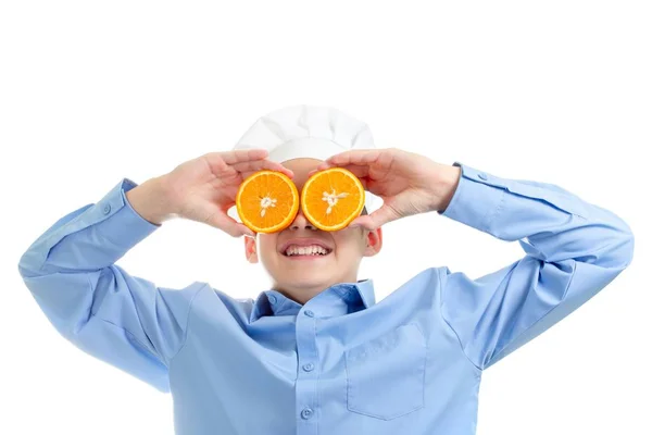 Cook on white background, humor child chef,  childhood. — Stock Photo, Image