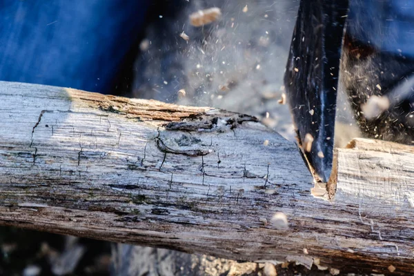 Axe corta una rama de árbol en una barbacoa de picnic. Chips están volando . — Foto de Stock