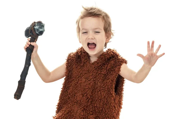 Kleine grappige jongen Neanderthaler of Cro-Magnon. staande tekst. — Stockfoto