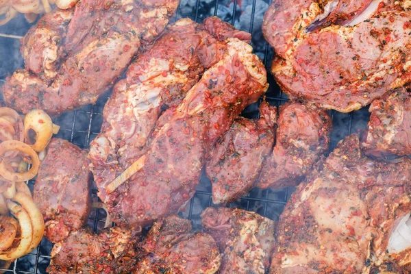 Verão natureza grill bbq carne, alimentos . — Fotografia de Stock