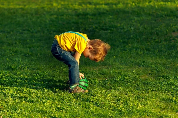 Pojke på grön gräsmatta i sommarpark, Happy. — Stockfoto