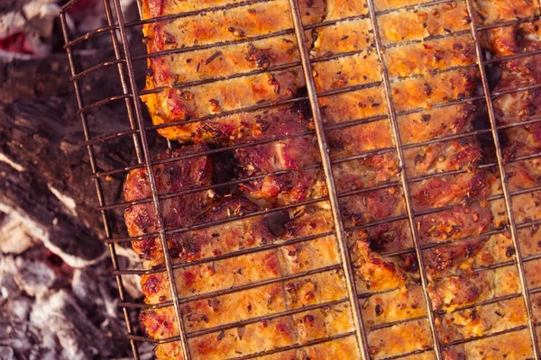 夏の自然グリルバーベキュー肉、芝生の石炭. — ストック写真