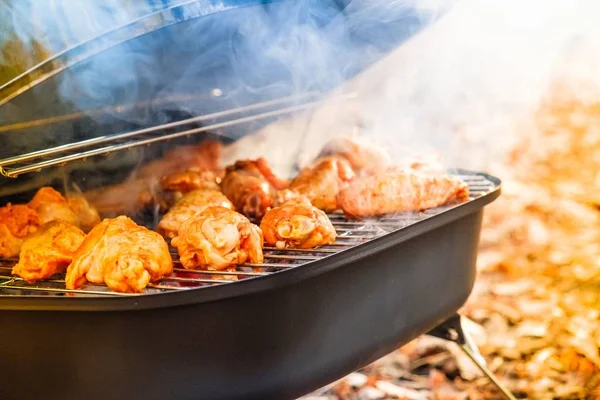 Grill kycklingvingar grillning eld, kol picknick. — Stockfoto