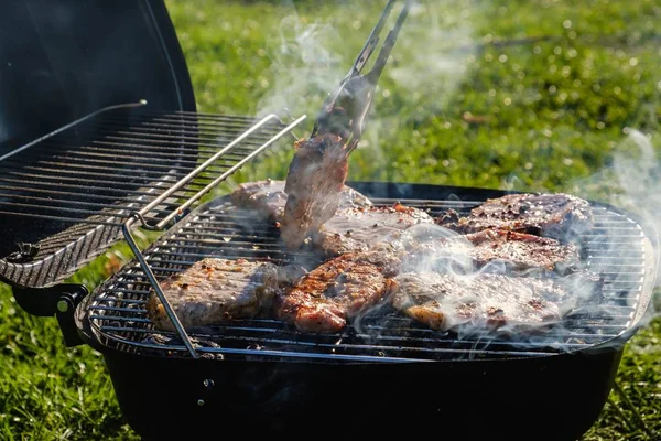 Nyári természet grill grill hús, gyep. — Stock Fotó