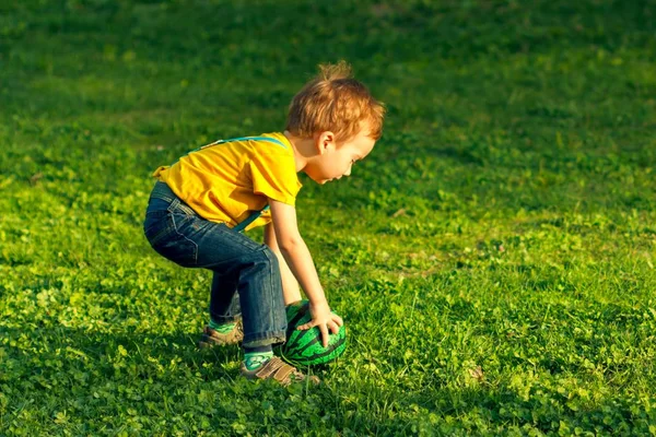 Menino no gramado de grama verde no parque de verão, natureza . — Fotografia de Stock