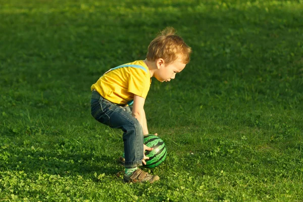 かわいい肯定的な子供は、緑の草原の上にボールと楽しく遊んで — ストック写真