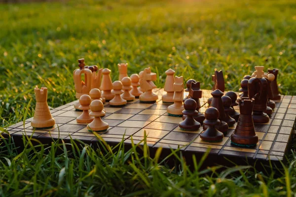 Satranç tahtası ve satranç parçaları bahçedeki çimlerin üzerine — Stok fotoğraf