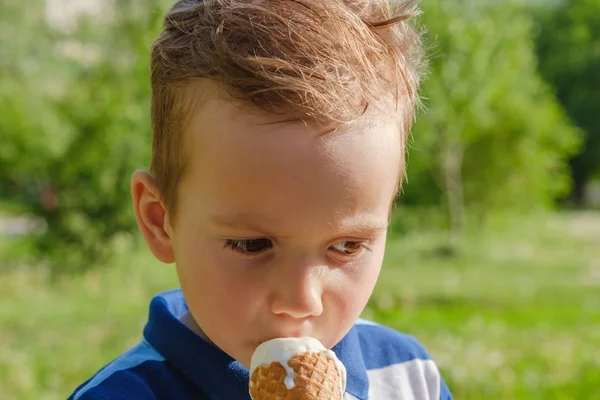 Icecream детское питание мальчик ест. лето . — стоковое фото