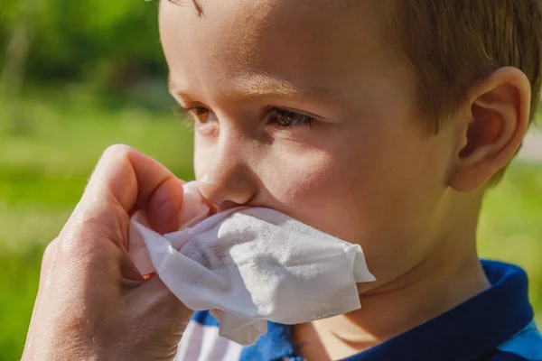 En liten pojke är att äta en glass i parken, och torkar munnen med en servett — Stockfoto