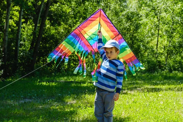 Little boy running with kite in the field on summer day in the park — Stock Photo, Image