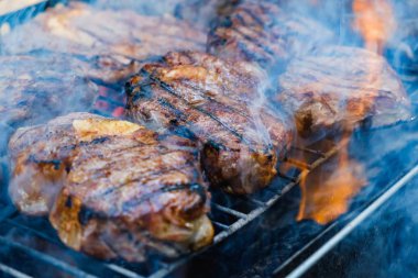 Yaz doğa ızgarası bbq eti, pişirme ilkbaharı.