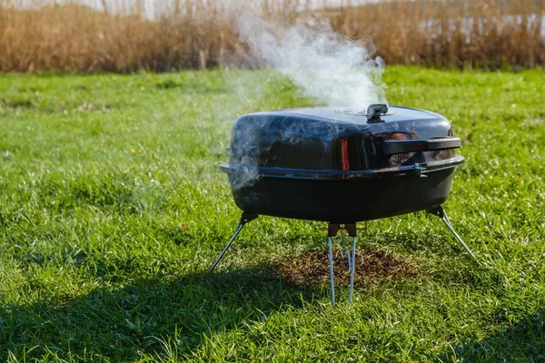 Grill lato trawa BBQ mięso, na wolnym powietrzu. — Zdjęcie stockowe