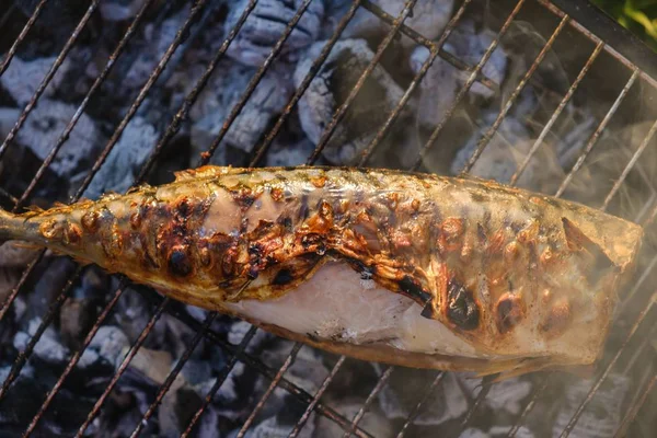 Grill vis vuur makreel eten, maaltijd geroosterd. — Stockfoto