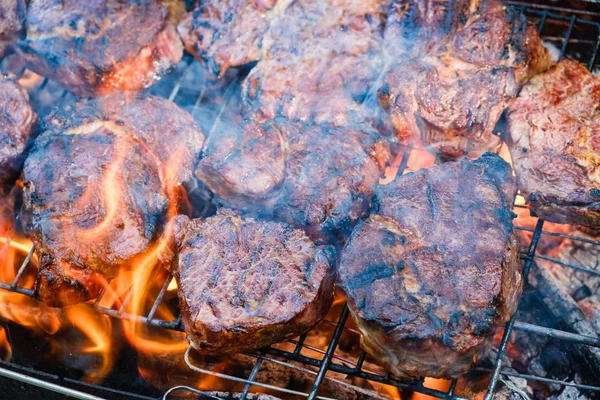 Verão natureza churrasqueira bbq carne, fogo família . — Fotografia de Stock