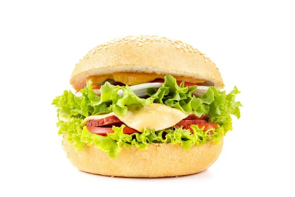 Burger Witte Achtergrond Hamburger Met Rundvlees Kaas Broodje — Stockfoto