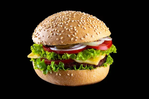 Hambúrguer Contra Fundo Preto Hambúrguer Sanduíche Com Queijo Carne Carne — Fotografia de Stock