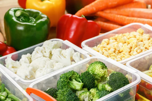 冷凍用の生野菜とトレイ プラスチック容器の冬の貯蔵のための備蓄 — ストック写真