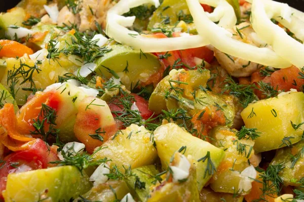 Kurczak Marchew Cukinia Patelni Obiad Warzywa Kuchnia Posiłek — Zdjęcie stockowe