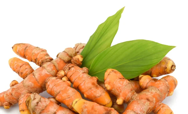 Cúrcuma Fresca Con Hoja Aislada Sobre Fondo Blanco —  Fotos de Stock