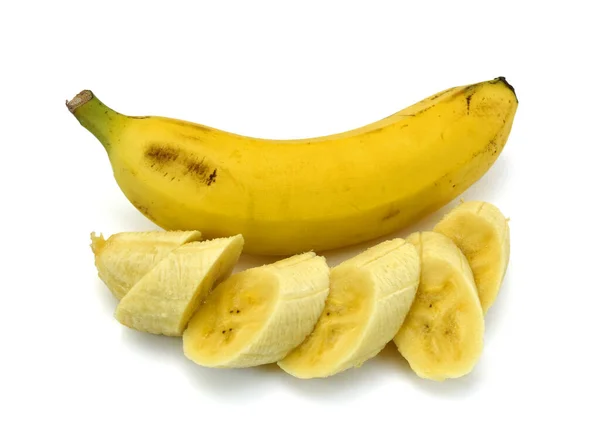 Banana Com Fatia Isolada Sobre Fundo Branco — Fotografia de Stock