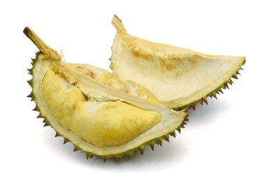 Beyaz arka planda izole edilmiş kalın dikenli olgun durian.