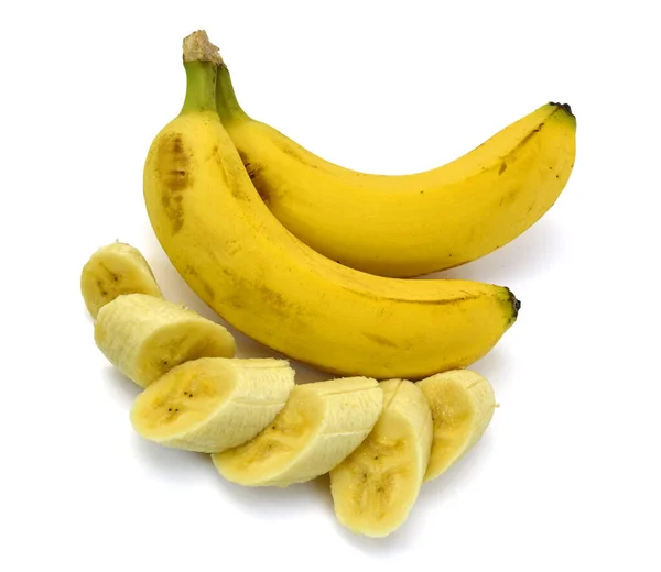 Banana Com Fatia Isolada Sobre Fundo Branco — Fotografia de Stock