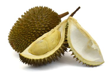 Beyaz arka planda izole edilmiş kalın dikenli olgun durian.