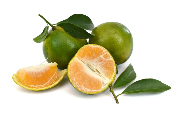 Frutos Maduros Tangerina Citrus Deliciosa Tenore Com Folhas Isoladas Sobre — Fotografia de Stock
