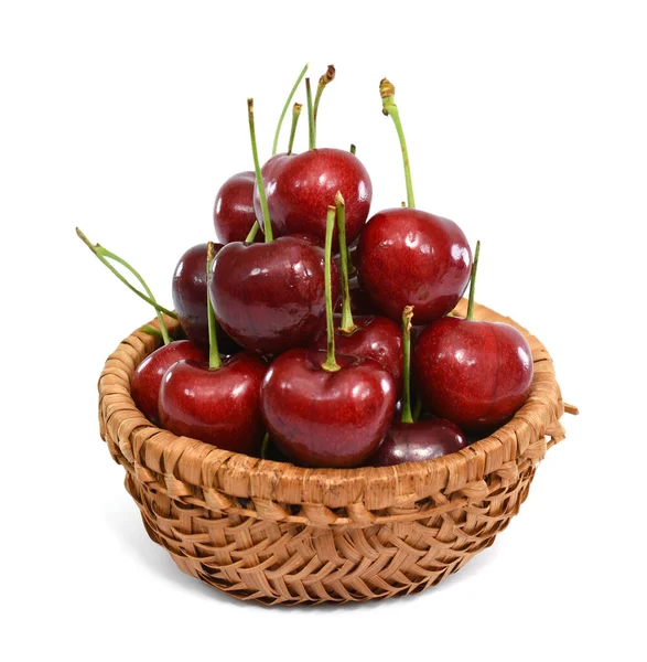 Čerstvé Třešňové Ovoce Košíku Izolované Bílém Pozadí — Stock fotografie