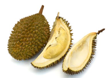 Beyaz arka planda izole edilmiş kalın dikenli olgun durian.