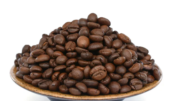 Kávová Zrna Talíři Izolované Bílém Pozadí — Stock fotografie