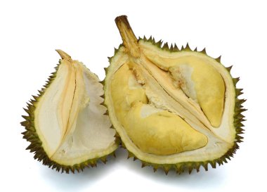 Beyaz arka planda izole edilmiş kalın dikenli olgun durian.