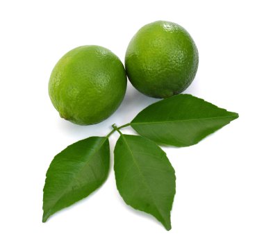 Beyaz arka planda yaprağı olan taze kireç meyveleri.