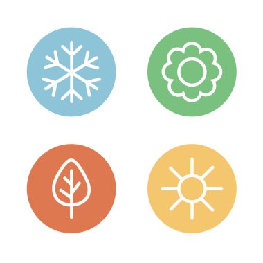 Mevsimlik simgeler basit ve renkli bir tasarımla kışı, ilkbaharı, yazı ve sonbaharı temsil eder. Vektör illüstrasyonu