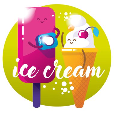 İki komik ve parlak dondurma. Karikatür tarzı. Yaz ruh vektör çizim. Eskimo dondurma ve koni dondurma fotoğrafları yapma.