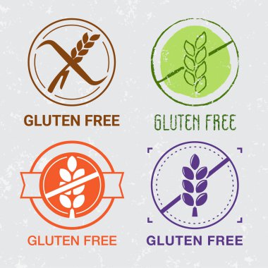 Gluten ücretsiz simgeler. eliac işaretleri. Buğday, gluten ürün ücretsiz. Gluten free gıda maddeleri için işaretler. Beslenme ve bütünsel Etiketler. Sağlıklı gıda simgeler. Farklı stilleri