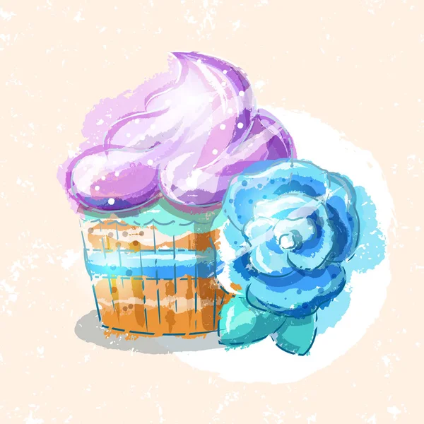 Cupcake Met Een Blauwe Bloem Vectorillustratie Stijl Van Een Hand — Stockvector