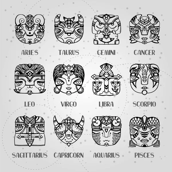 Maskers Zodiac Signs Horoscoop Gezichten Astrologie Vectorillustratie Twaalf Sterrenbeelden Ram — Stockvector