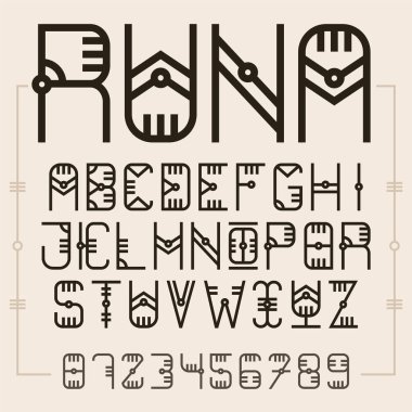 Etnik tarzı yazı, runes alfabesi, Bütün harfler ve sayılar, İngilizce abc, vintage tipografi, yazı tipi tasarım, dekoratif yazı tipi