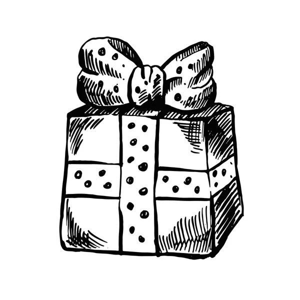 Hand Getekende Geschenkdoos Met Een Boog Van Grote Lint Geschenk — Stockvector