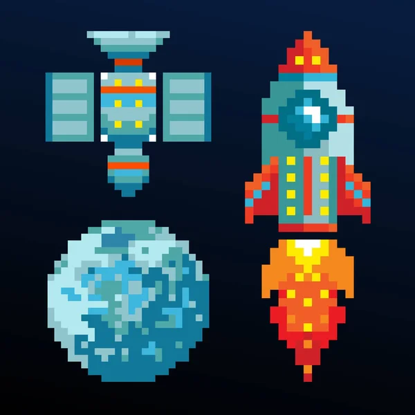 Pixel art computer space game objects. Video game 8-bit pixel rocket, pixel planet and pixel artificial satellite. Space shuttle. Arcade video game