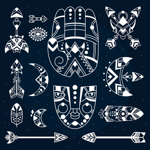 Boho Symbolen Vector Illustratie Boheemse Decoratievoorwerpen Hamsa Palm Masker Veren — Stockvector