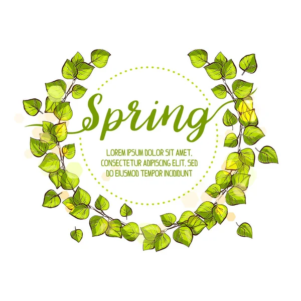 Ghirlanda Primavera Con Foglie Betulla Fresche Verdi Illustrazione Disegnata Mano — Vettoriale Stock