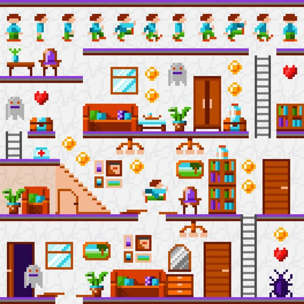 Pixel Spelinterface Vintage Pixel Videogame Huis Niveau Huis Niveau Pixel — Stockvector