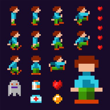 Piksel video oyunu kahraman, tüm hareket aşamaları. 8 bit arcade Klasik oyun kahramanı. Hareketli retro video oyunu piksel şahsiyet.