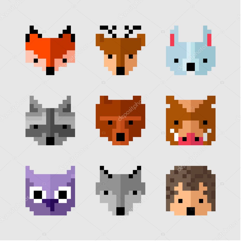 Wild pixel animals. Forest animals pixel art. Wild fauna. Game design animals. Arcade pixel game animals. Video game forest. Fox, deer, here, racoon, bear, boar, owl, wolf, hedgehog